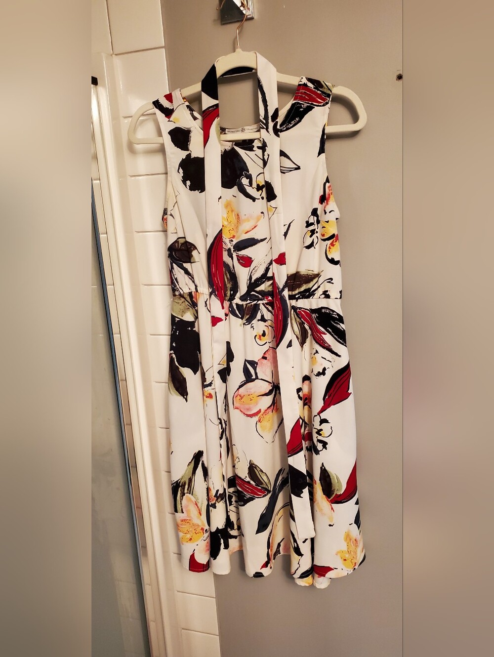 White Floral Midi Dress with Red & Black Accents